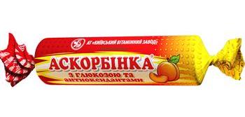 Аскорбінка з глюкозою та вітамінами А та Е, зі смаком персика, табл. №10 в етикетці