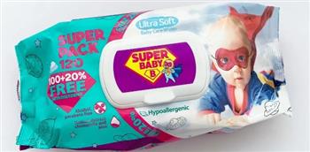 Серветки вологі "Super Baby" Super Pack sensetive ромашка та алое, №120 (з клапаном)