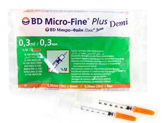 Шприц інсуліновий BD Micro-Fine Plus Демі 0,3мл U100 голка 30G (0,30x8мм) №10 (арт.320829) (Мікро-Файн Плюс)