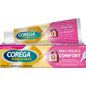 Крем Корега Power Max для фіксації зубних протезів, макс фіксація + комфорт, нейтральний смак, 40г